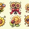 Six Adorable Cartoon Sunflowers, Each With Unique Accessories Or Features.