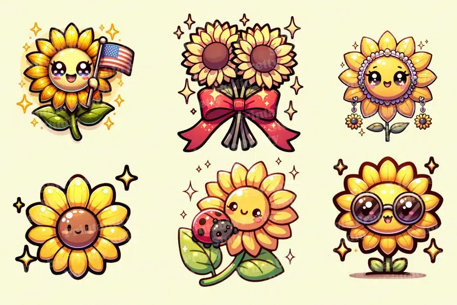 Six Adorable Cartoon Sunflowers, Each With Unique Accessories Or Features.