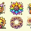 Six Adorable Cartoon Sunflowers In Various Poses And Settings.