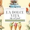 A Light Blue Vintage Car Carrying Flowers, Surrounded By Images Of Food And Drink Including Ice Cream, Bread, Figs, Olives, And An Aperol Spritz.