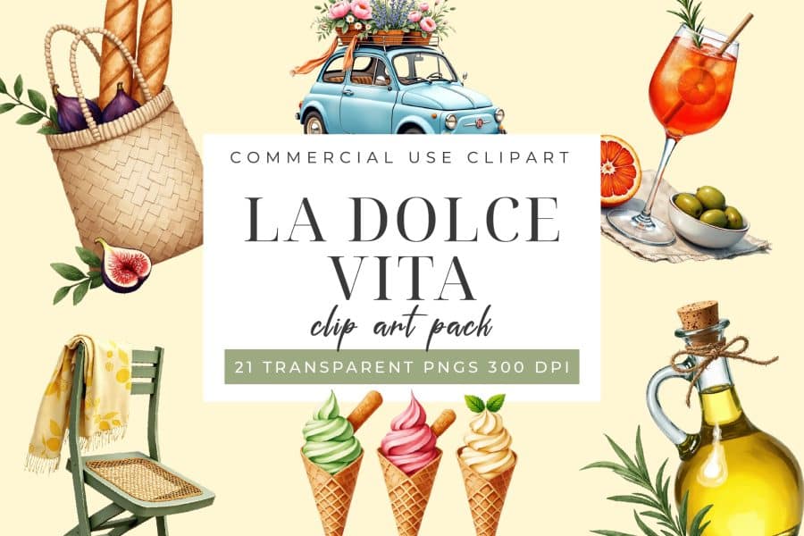 A light blue vintage car carrying flowers, surrounded by images of food and drink including ice cream, bread, figs, olives, and an Aperol Spritz.
