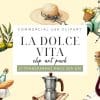 Italian-Themed Clip Art Pack Featuring A Straw Hat, Scooter, Olive Oil Bottle, And Picnic Basket.