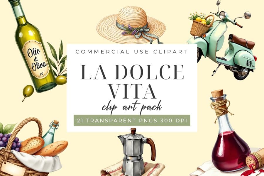 Italian-Themed Clip Art Pack Featuring A Straw Hat, Scooter, Olive Oil Bottle, And Picnic Basket.