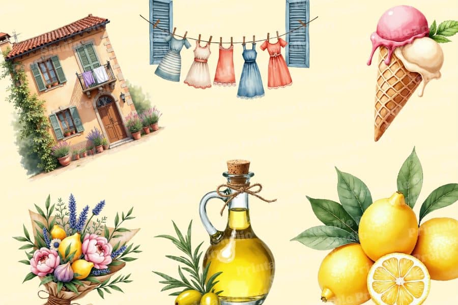 A Mediterranean-Style House, Clothing On A Clothesline, Lemons, Lavender, And Olive Oil.