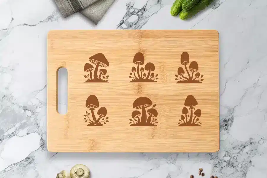a cutting board with mushrooms on it
