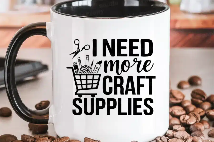 A White Mug With Black Rim And Black Text On It