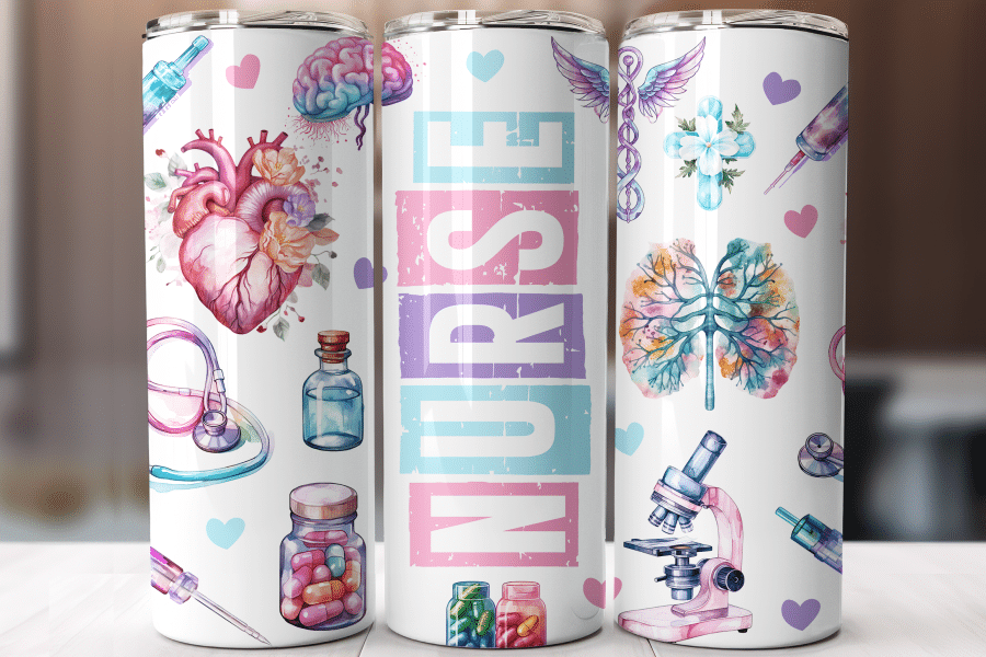 Three white tumblers featuring a watercolor design of medical illustrations and the word NURSE.