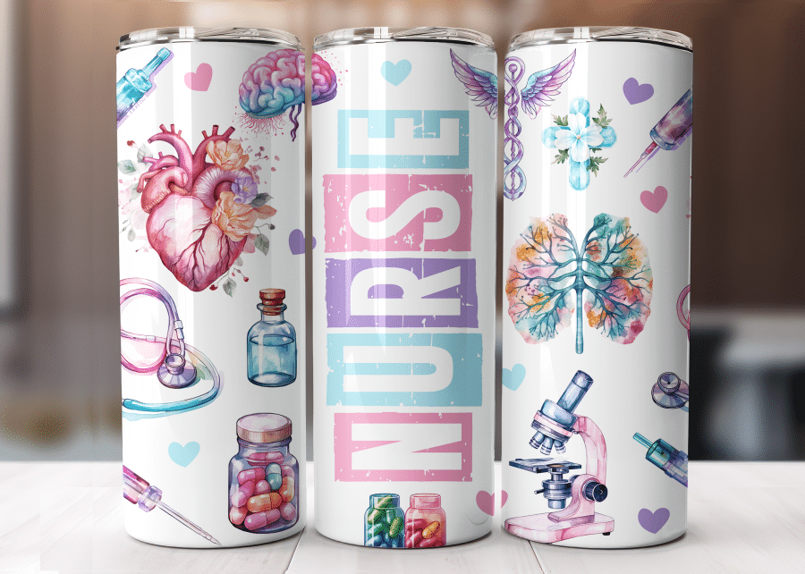 Three White Tumblers Featuring A Watercolor Design Of Medical Illustrations And The Word Nurse.