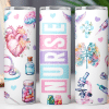 Three Nurse-Themed Tumblers With Pastel Watercolor Designs Of Anatomical Hearts, Brains, Lungs, And Medical Tools. The Word Nurse Is Prominently Featured On One Tumbler.