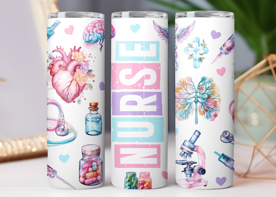 Three Nurse-Themed Tumblers With Pastel Watercolor Designs Of Anatomical Hearts, Brains, Lungs, And Medical Tools. The Word Nurse Is Prominently Featured On One Tumbler.