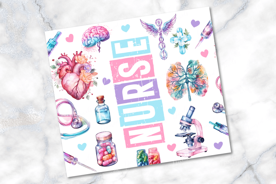 Watercolor Illustration Of The Word Nurse Surrounded By Medical Tools And Anatomical Hearts, Brains, And Lungs.