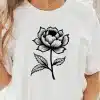 A Woman Wearing A White T-Shirt With A Black Line Drawing Of A Rose.