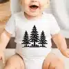 Baby Wearing A White Onesie With A Black Three-Tree Design.