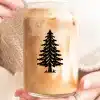 A Person Holding A Glass Iced Coffee With A Black Evergreen Tree Design.