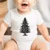 Baby Wearing A White Onesie With A Black Evergreen Tree Design.