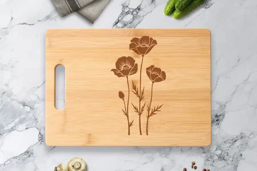 Bamboo Cutting Board With Engraved Poppy Flowers.