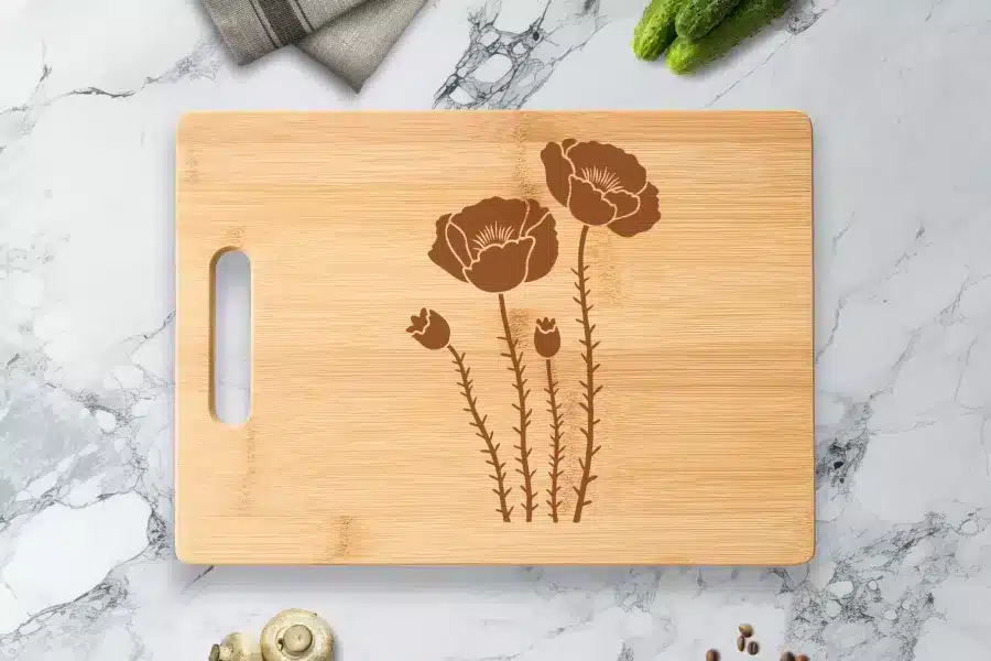 Bamboo Cutting Board With Engraved Poppy Flowers.