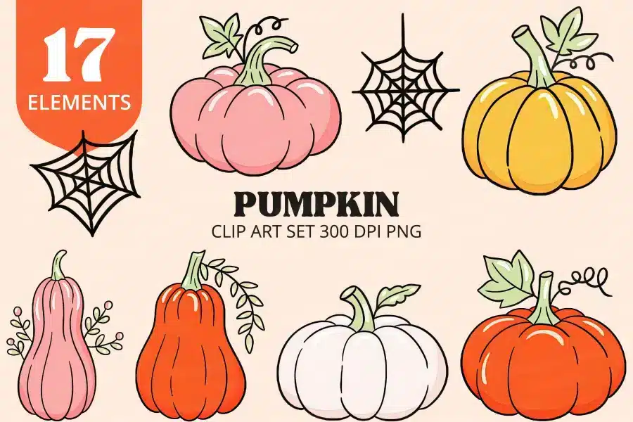 Pastel Pumpkin Clip Art Set - digital download PNG graphics with cute halloween pumpkins