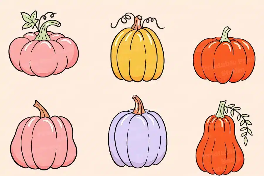 Six illustrated pumpkins in various pastel colors.