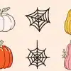 Illustration Of Three Pumpkins And Two Spiderwebs.  Pumpkins Are White, Orange, And Pink.