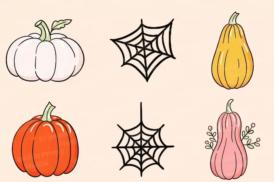 Illustration Of Three Pumpkins And Two Spiderwebs.  Pumpkins Are White, Orange, And Pink.