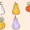 Five Cartoon Pumpkins In Varying Colors And Shapes.