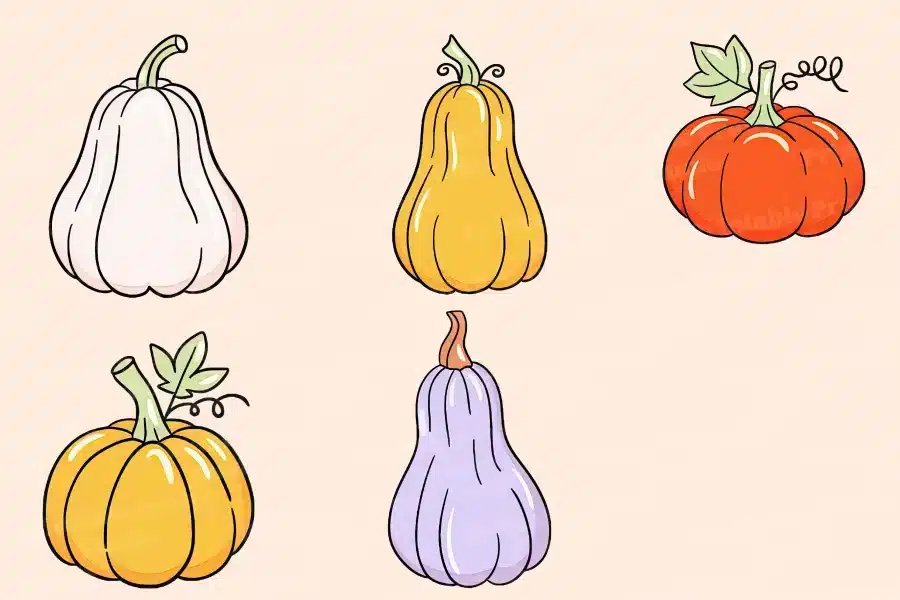 Five Cartoon Pumpkins In Varying Colors And Shapes.