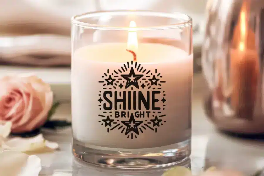 A Lit Candle In A Glass Jar With The Words Shine Bright Printed On The Side.