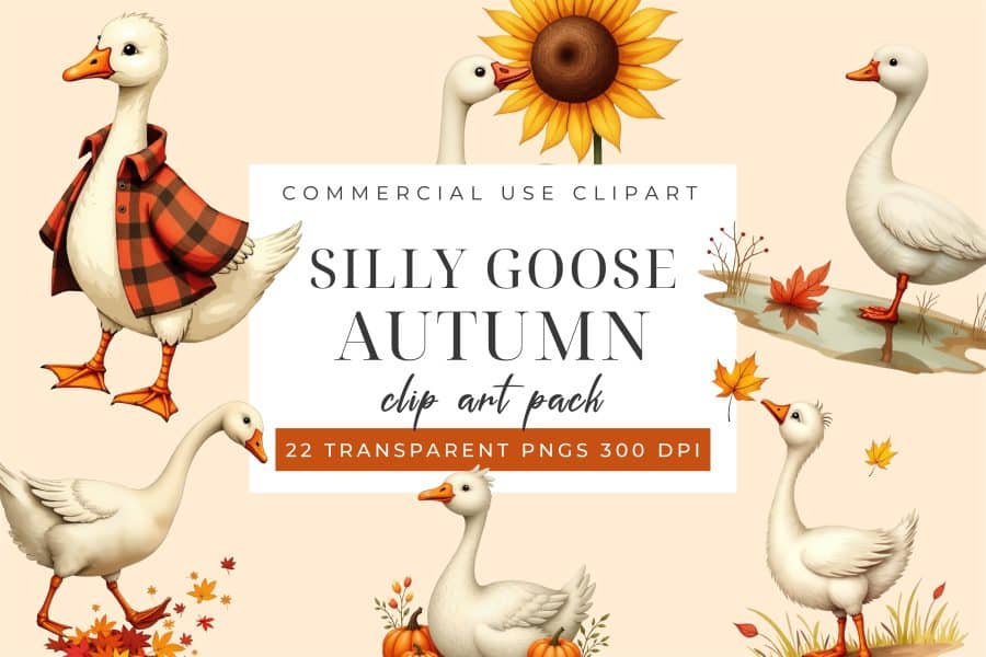 Several cartoon geese in autumnal settings. One goose wears a plaid shirt.