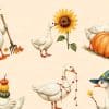 Six Geese In Autumnal Settings; One Raking Leaves, One Near A Sunflower, One With A Pumpkin, One With Pumpkins On Its Back, One With A Beaded Garland, And One Wearing A Witch'S Hat.