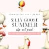 Nine Illustrations Of Geese In Various Summer Activities; One Wears Heart-Shaped Sunglasses, Another Balances A Beach Ball, One Holds A Flower, And Others Wear Chef Hats And Sunglasses.
