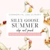 Several Cartoon Geese Enjoying Summer Activities; One Holds A Cocktail, Another Builds A Sandcastle, One Wears A Swimsuit, And Another Holds Ice Cream.