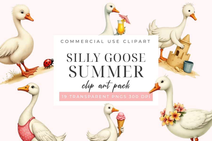Several Cartoon Geese Enjoying Summer Activities; One Holds A Cocktail, Another Builds A Sandcastle, One Wears A Swimsuit, And Another Holds Ice Cream.