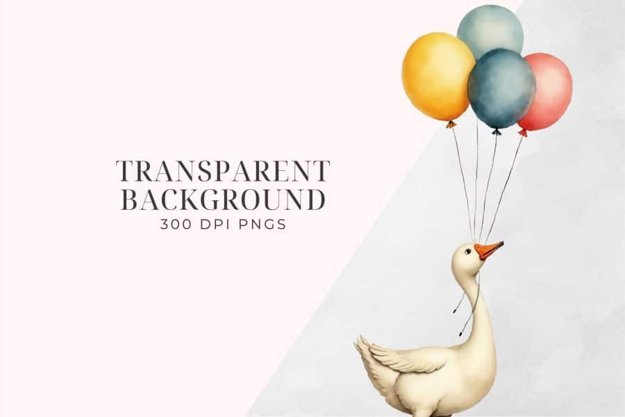 A White Goose Floats Upward, Held Aloft By Four Colorful Balloons.