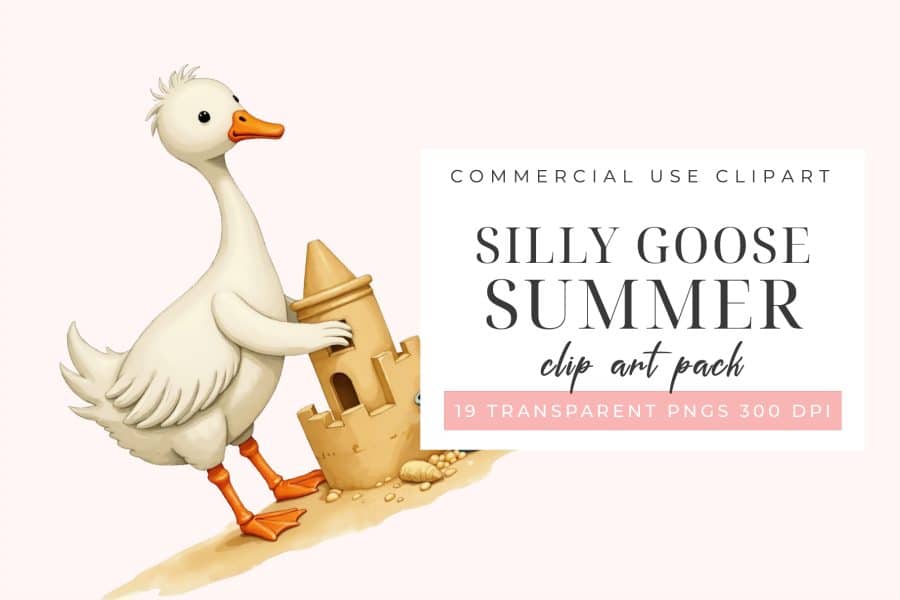 A Cartoon Goose Building A Sandcastle On A Beach.