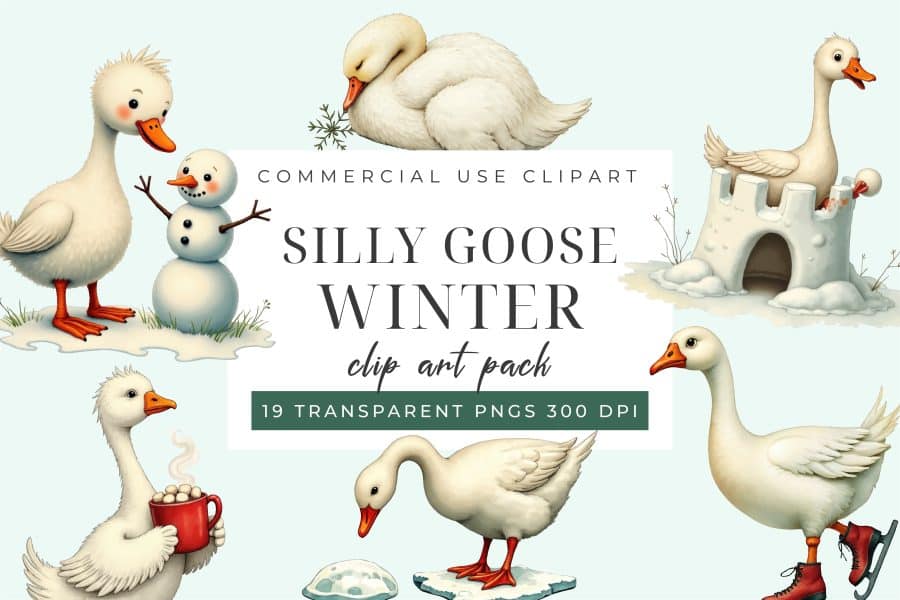 Silly Goose Winter Clip Art Set - digital download PNG graphics with funny goose characters