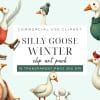 Illustration Of Several Geese In Winter Attire, Including Ice Skates, Sweaters, And Blankets. A Snowman And Cardinal Are Also Included.