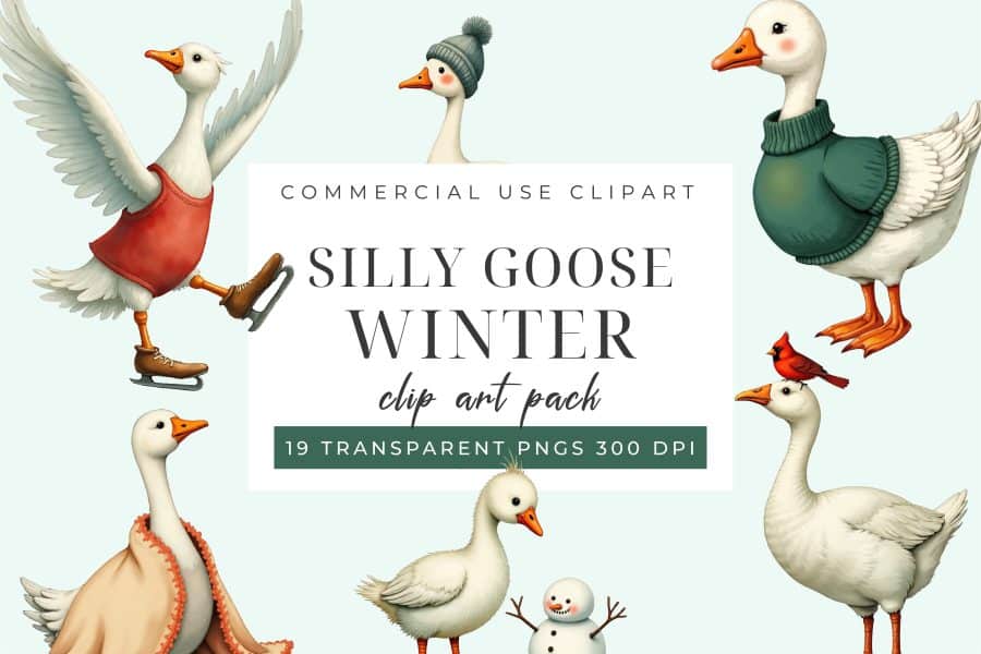 Illustration of several geese in winter attire, including ice skates, sweaters, and blankets. A snowman and cardinal are also included.