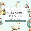 Nine Illustrations Of Geese In Winter Scenes. A Goose Carries A Lantern, Another Has A Snowflake On Its Head, One Carries A Winter Branch, One Wears A Blue Muff, And Another Is Inside A Snow Globe. Two More Geese Are Also Shown.