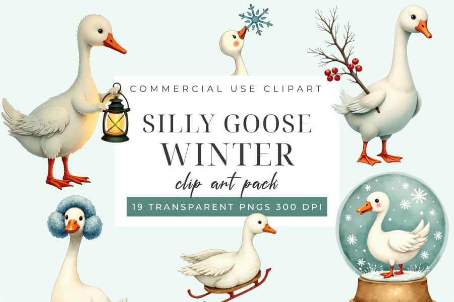 Nine Illustrations Of Geese In Winter Scenes. A Goose Carries A Lantern, Another Has A Snowflake On Its Head, One Carries A Winter Branch, One Wears A Blue Muff, And Another Is Inside A Snow Globe. Two More Geese Are Also Shown.