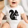 Baby Wearing A White Onesie With A Black Squirrel Graphic.