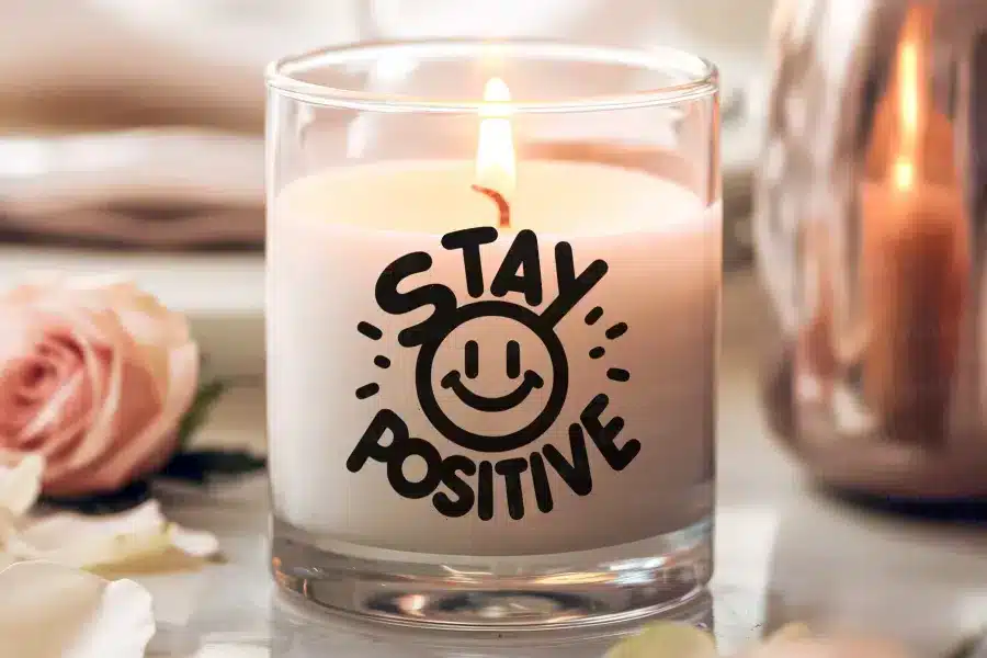 A Lit Candle In A Glass Jar With A Smiley Face And The Words Stay Positive.