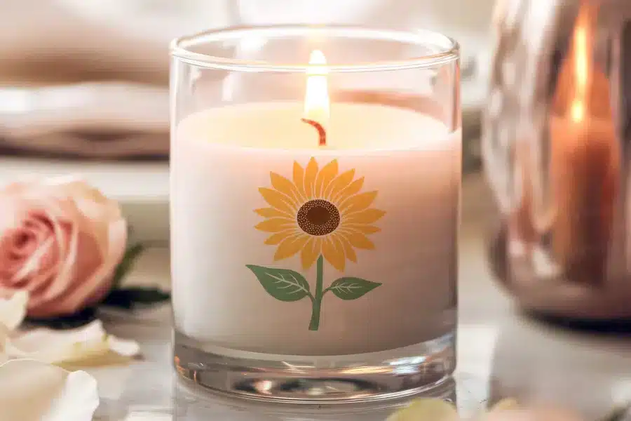 A Lit Candle In A Clear Glass Jar Decorated With A Sunflower.