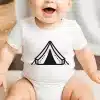 Baby Wearing A White Onesie With A Black Tent Graphic.