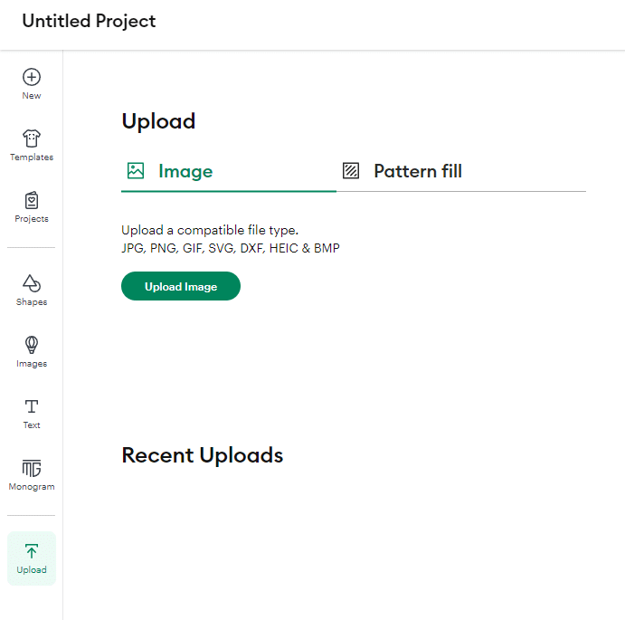 Image Upload Screen With Options For Image And Pattern Fill Uploads.
