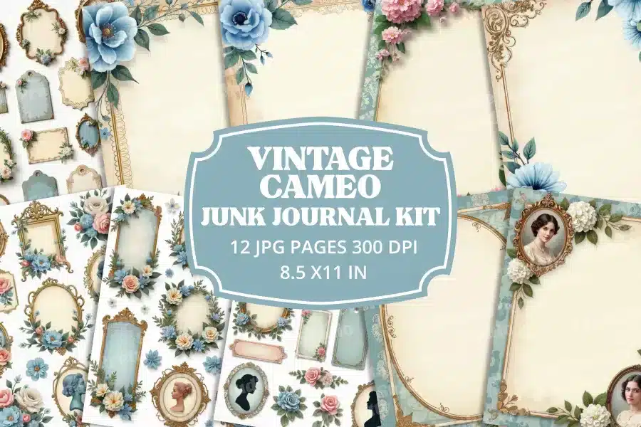 Blue Floral Vintage Cameo Mini Junk Journal Kit - printable JPG pages with vintage cameos and blue flowers