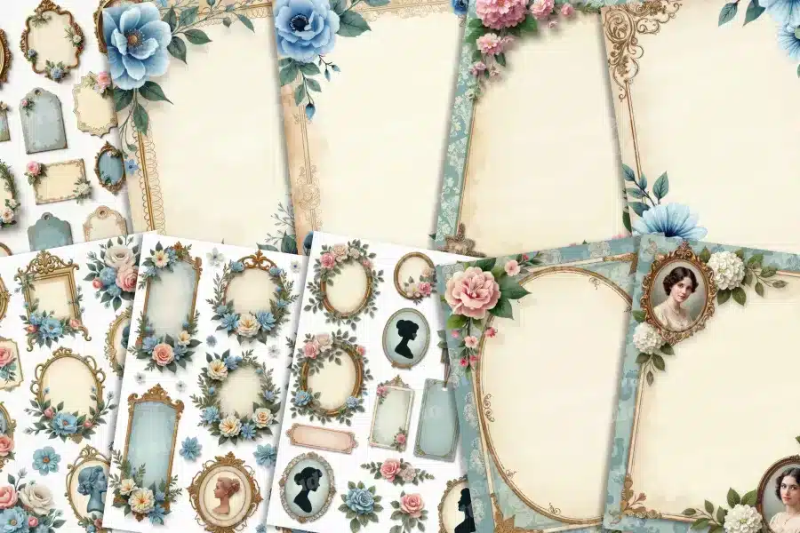 Collection of ornate frames, floral elements, and vintage-style tags, some with images of women.