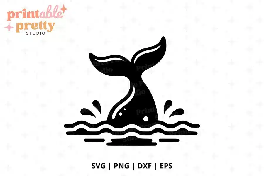 Black silhouette of a whale's tail splashing in the ocean.