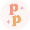 Two stylized Ps, one peach and one orange, with pink stars on a white circle.