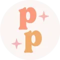 Two stylized Ps, one peach and one orange, with pink stars on a white circle.